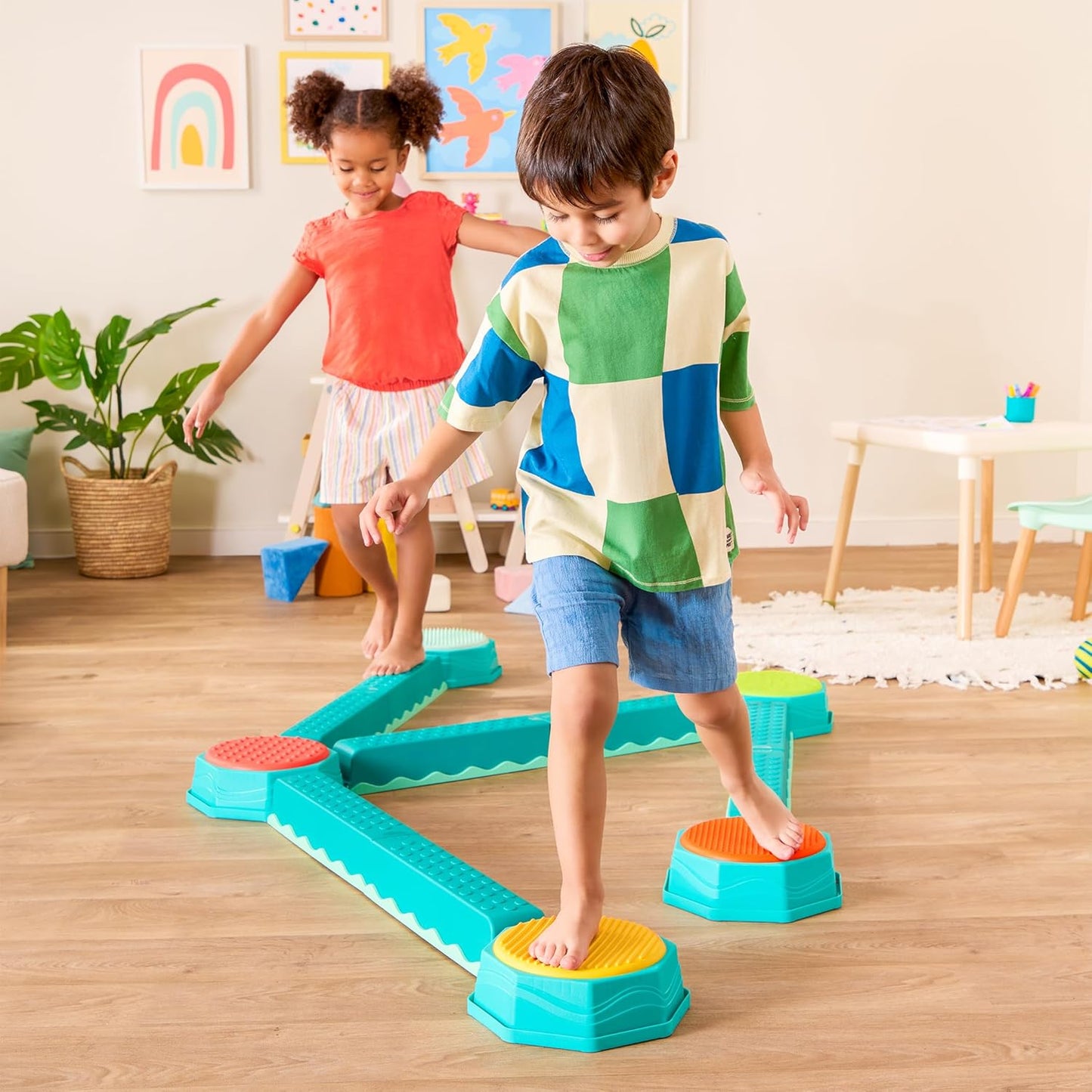 B. toys – Balance Beam for Kids – Interlocking Balancing Beams – 5 Sensory Pads & 8 Beams – Active Play for Toddlers, Kids – 3+ Years– Balance & Build Set